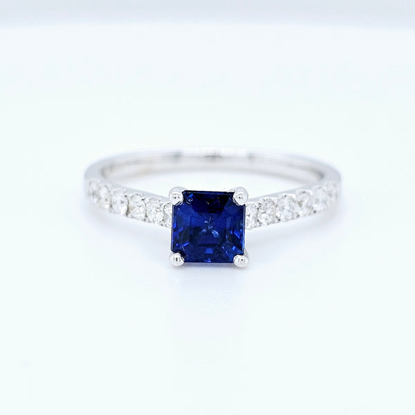 18k White Gold Blue Sapphire & Diamond Cathedral Engagement Ring – 0.83ct Sapphire, 0.20ct