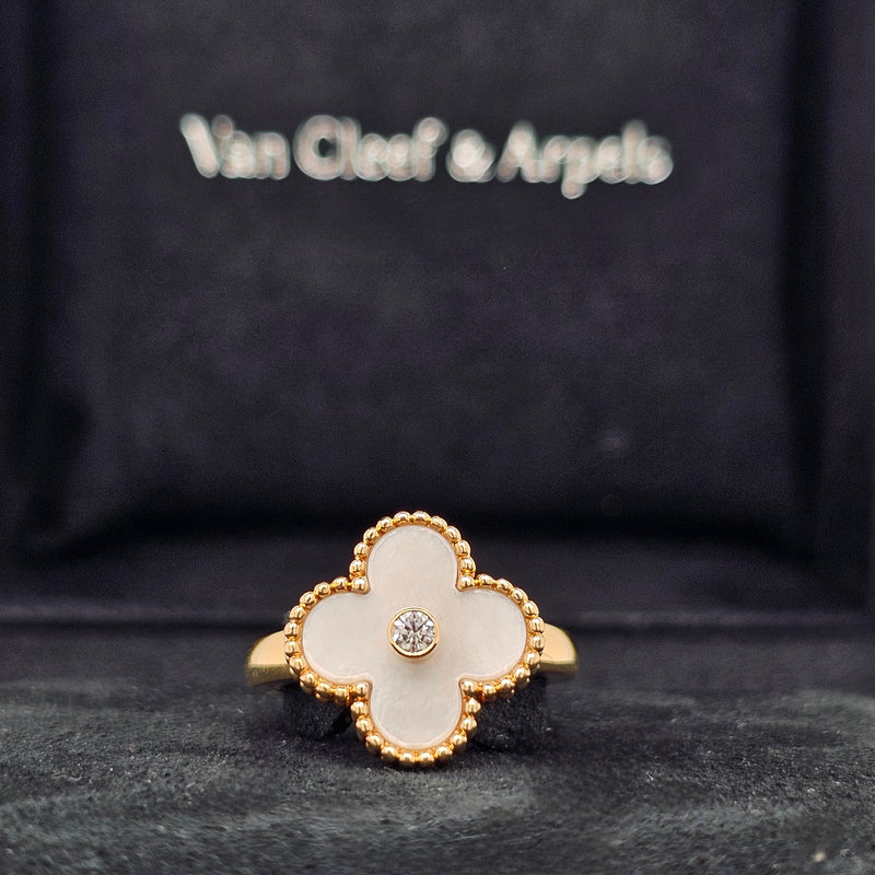 Pre-Owned Van Cleef & Arpels Vintage Alhambra Mother of Pearl Ring – 18k Yellow Gold & 0.06ct Diamond