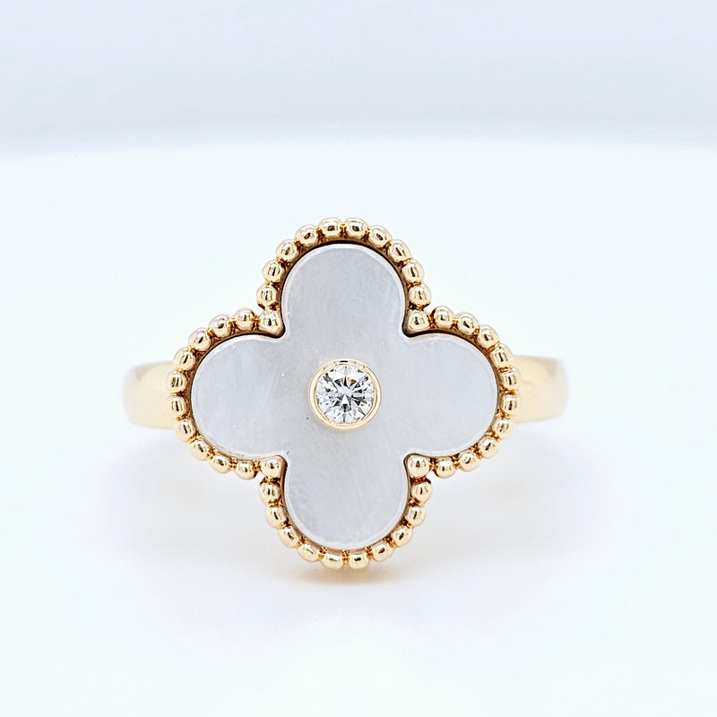 Pre-Owned Van Cleef & Arpels Vintage Alhambra Mother of Pearl Ring – 18k Yellow Gold & 0.06ct Diamond