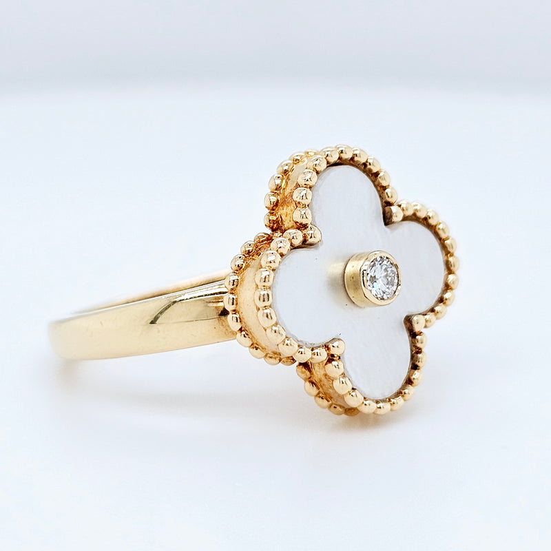 Pre-Owned Van Cleef & Arpels Vintage Alhambra Mother of Pearl Ring – 18k Yellow Gold & 0.06ct Diamond