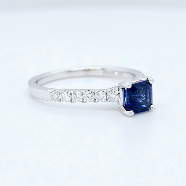 18k White Gold Blue Sapphire & Diamond Cathedral Engagement Ring – 0.83ct Sapphire, 0.20ct