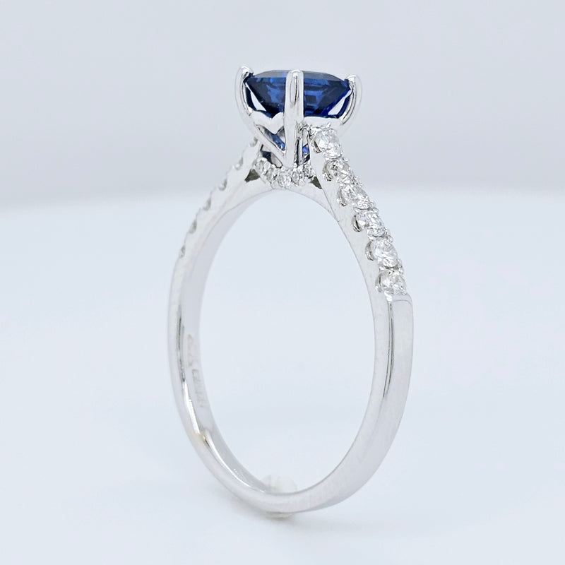 18k White Gold Blue Sapphire & Diamond Cathedral Engagement Ring – 0.83ct Sapphire, 0.20ct