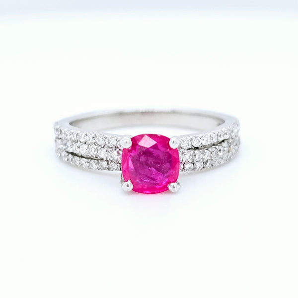 18k White Gold Ruby & Diamond Engagement Ring – 0.70ct Ruby, 0.50ct F/VS1 Diamonds